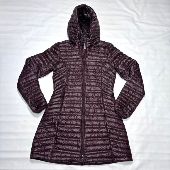 Patagonia Ultralight Fiona Maroon Goose Down Parka Long Puffer Jacket Womens SM - Picture 1 of 16